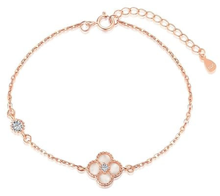 OCJ Four Leaf Clover Bracelet White 925 Sterling Silver Jewellery Gifts for Women, Mother of Pearl, White Gold Plated, 7+1+1 inches