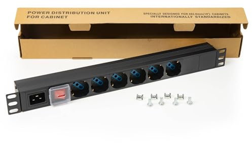 Connetto Multiprise de Rack CO10062 avec Interrupteur Lumineux et 6 Prises universelles/Schuko et Italiennes tripolaires UNEL 2P+T 16A avec connecteur mâle C20, Dimensions 48,5 x 4,5 x 4,5 Alettes