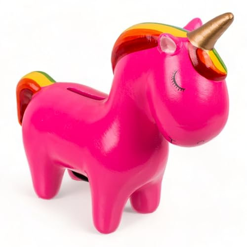 MIJOMA Keramik Spardose mit Schloss und Schlüssel, Niedliches Design für Kinder & Erwachsene, Ideal als Geldgeschenkverpackung und zur Geldsicherung (Einhorn pink)