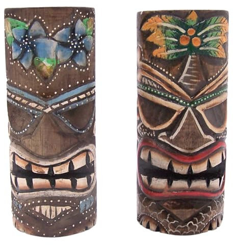 Bemalte Tiki-Holzstatuen, freistehend, Stranddekoration, Set mit 2 verschiedenen Farben, 20,3 cm hoch