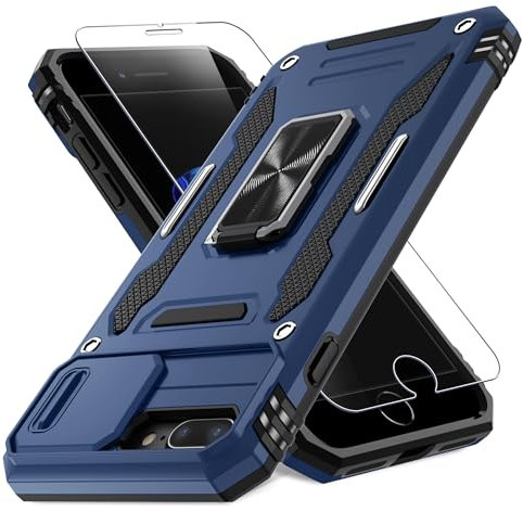 DEERLAMN for iPhone 7 Plus Case, iPhone 8 Plus Case with Slide Camera Cover+Screen Protector(1 Pack), Rotated Ring Kickstand Military Grade Shockproof Protective Cover-Navy Blue