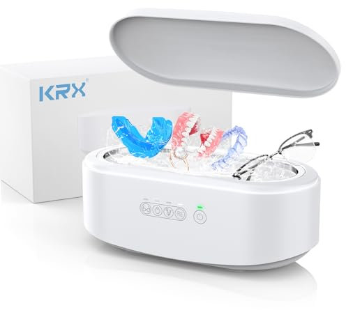 Ultrasonic Cleaner for Dentures, KRX Professional Ultrasonic Cleaner Machine with 4 Time Modes for All Dental, Retainer, Aligner, Braces, Mouth Guards, Toothbrush Head, Brushes (Pure White, 450ml)
