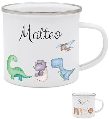 wunderwunsch - Personalisierte Emaille Tasse Kinder mit hochwertigem Spezial-Druck – Bruchsicher, Leicht & Umweltfreundlich – Perfekt für Zuhause, Kindergarten oder Camping (Dinos unten)