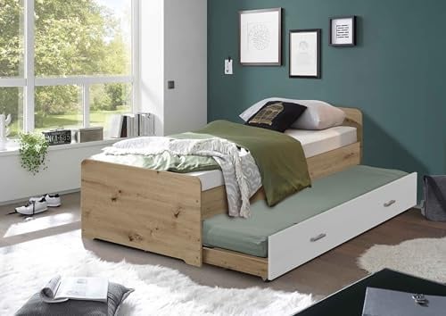 AVANTI TRENDSTORE - Barile - Einzelbett mit Ausziehbett, Kinderbetten, aus laminiertem Holz. Erhältlich in Beton, Laminat Eiche oder Weiß. Maße ca. LAP 97 x 67 x 206 cm