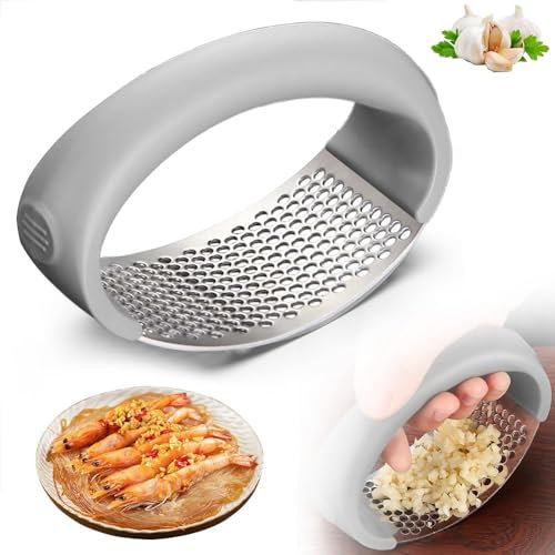 HOIDOKLY Garlic Press, Stainless Steel Garlic Rocker, Garlic Cutter, Garlic Mill, Garlic Peeler, Kitchen Aid with Silicone, Black, Grey