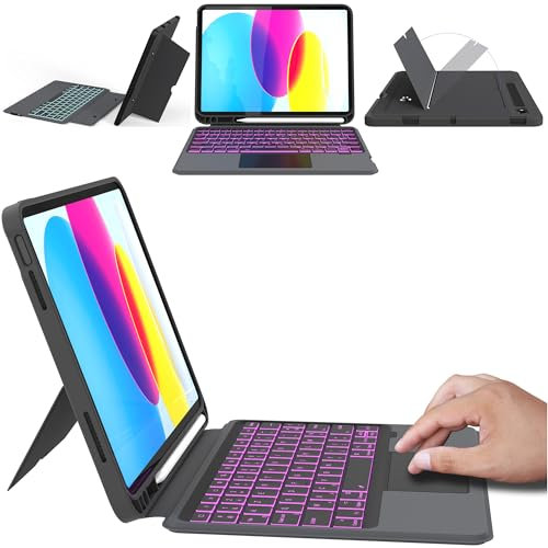 Étui avec clavier amovible pour iPad (A16) 11e génération 11 2025, iPad 10e génération 10,9, 2022 - Rétroéclairage 7 couleurs,Pavé tactile intelligent,Support vertical, Français AZERTY Clavier