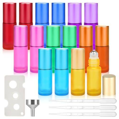 16pcs Essential Oils Roller Bottles, 5ml Glass Roll on Bottles with Stainless Steel Roller Balls, 8 colors Roller Ball Bottles with Bottle Opener, Dropper and Funnel for Fragrance, Aromatherapy