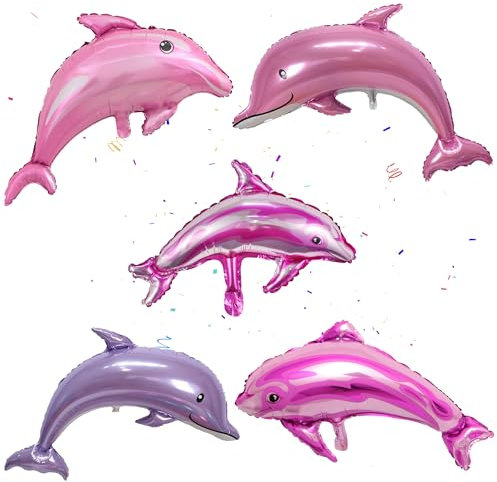 Dolphin Decorations Balloon Pink - 5 Stück Große Meerestiere Delfin Folienballons, Heliumballons Tiere Delfine, Rosa Lila Dolphin Foil Balloons for Kinder Birthday Party Decorations Sea Animals Theme