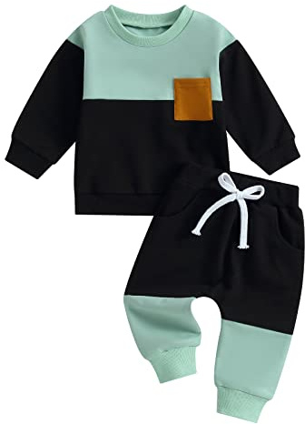 Qianderer Toddler Baby Boy Fall Winter Clothes Color Block Long Sleeve Sweatshirt Pullover Tops Joggers Pants Outfit Tracksuit Set