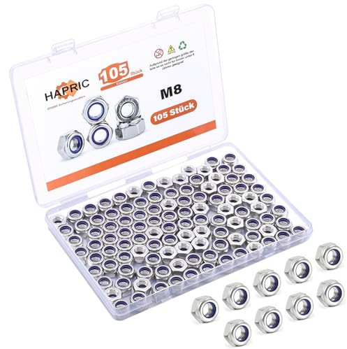 105 Stück Sechskantmuttern M8, Kontermuttern Edelstahl Selbstsichernde Muttern Sechskantmuttern Set mit Aufbewahrungsbox für Alltägliche und Industrielle Szenarien