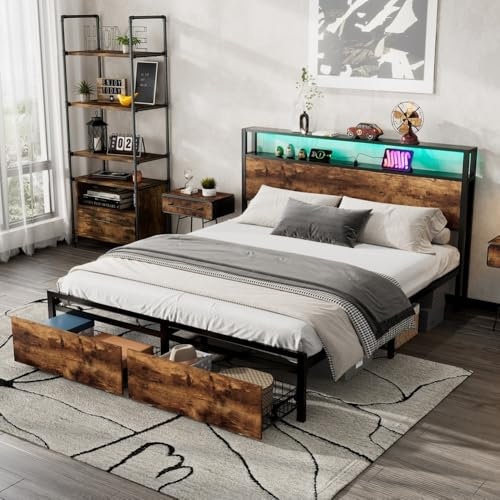 Techigher 4ft6 Metal Bed Frame, Metal Bed with Headboard, LED Light Strip, 2 Drawers and 3 USB Port, Simple Double Vintage Iron Platform Bed, Multifunctional Wrought Iron Youth Bed Black + Dark Walnut