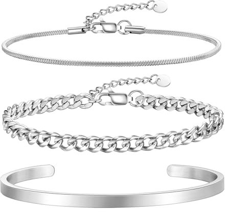 Armband Herren Silber Edelstahl - Silberarmbänder 2 Stück Set Dünne Armbänder für Männer Frauen Hochwertige Cuban Link Schlangenarmband Komfortables Armkette Geschenke für Freund Sohn Papa (Silber-3)