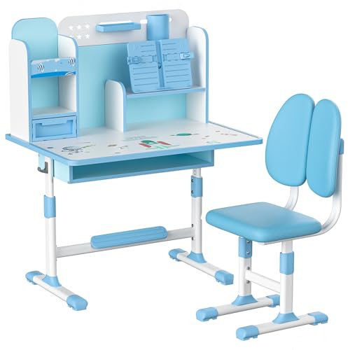 loyliawa Kinderschreibtisch und Stuhl-Set, Schreibtisch für Kinder, höhenverstellbar, Kinderschreibtisch mit Buchständer, Fußpedal, Trennwand-Design, Cartoon-Muster, Schreibtisch für Kinder für