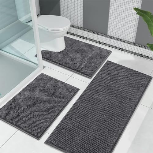Enyhom Dunkelgrau Badematten Set 3 Teilig, rutschfest Waschbar Badteppich Set Chenille Duschvorleger für Dusche und Badewannen WC Vorleger mit Ausschnitt (45x65+45x120+U50x60cm)