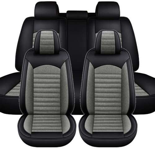 Sucroddy Autositzbezüge Kompletter Satz Sitzbezüge aus Leder und Leinen für Autos Universal Fit Wasserdicht Auto Sitzkissen Atmungsaktiver Autositzschutz für alle Jahreszeiten Schwarz and Grau