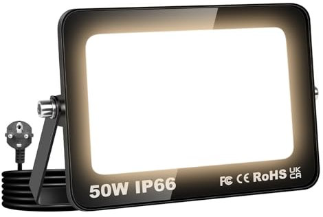 RIGIDON 50W Focos LED Exterior, 5000LM foco exterior con enchufe, Foco Proyector LED 3000K Blanco Neutro Floodlight, IP66 Impermeable Iluminación de Seguridad para Jardín, Garaje, Patio, Terraza
