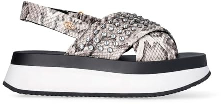 LUI.JO Plateau-Sandalen mit Schlangen-Design, gekreuzte Riemen mit Nieten, zweifarbige Sohle in Weiß und Schwarz, silber, 38 EU