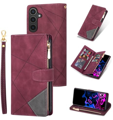 UEEBAI Hülle für Samsung Galaxy A56 5G, Retro Reißverschluss Handyhülle PU Leder Klapphülle Silikon Bumper mit 9 Kartenfächer Standfunktion Geldbörse Trageband Schutzhülle Wallet Case, Rot Raute