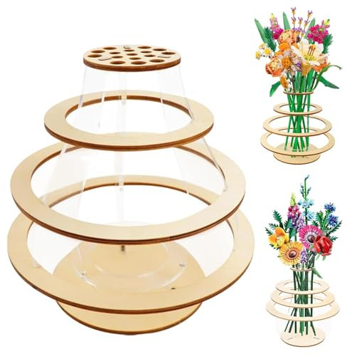 Vase for Lego Flowers, Floating Ring Lego Flowers Bouquet Wooden Vase, Display Stand for Lego Roses Lotus Chrysanthemum Sunflower Cherry Blossom (Style 2)