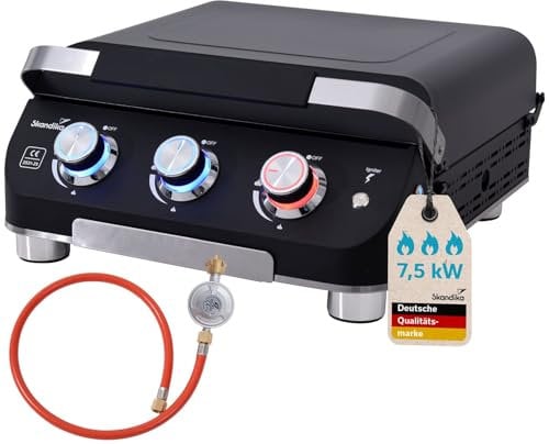 Skandika Gasplancha Palo | Gas Plancha Grillplatte, 3 Brenner, Abtropfschale, transportabler Gasgrill mit Kochplatte | Outdoor, Camping, Balkongrill, Tischgrill, Grillplancha, Gasbräter (mit Deckel)