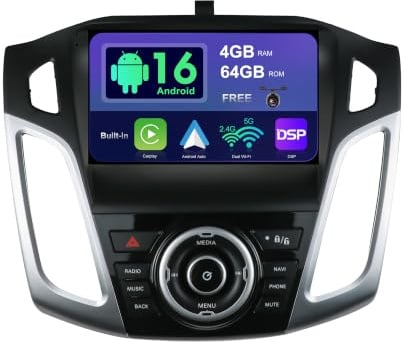 SXAUTO Android 16 IPS Autoradio für Ford Focus (2012-2017) - Eingebaut CarPlay Android Auto - Rückfahrkamera KOSTENLOS - 4G+64G - Lenkradsteuerung DAB Fast-Boot WiFi DSP AHD Bluetooth - 2 Din 9 Zoll