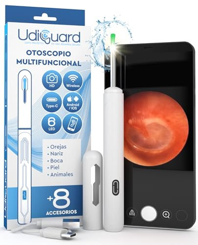 Ohrenschmalz Entferner Otoskop mit Kamera 1920p 3,6mm WiFi Ohrenreiniger - UdiGuard Ohrenspiegel Ohr mit 6 LED-Leuchten Hunde Erwachsene und Kinder - Kompatibel mit iPhone iPad Android Weiße