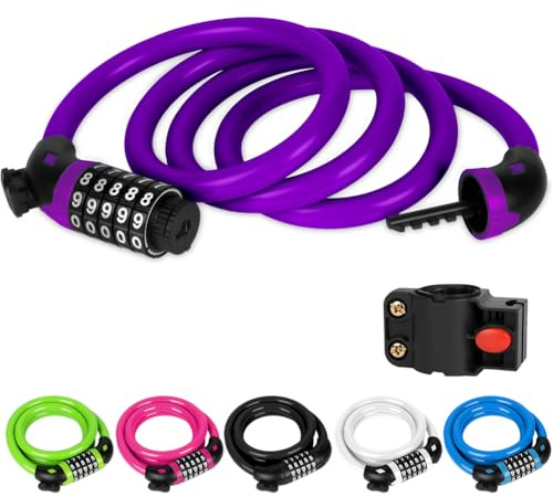 Ainiv Antivol Vélo 120 cm x 12 mm, Cadenas de Velo, avec Combinaison Réinitialisable à 5 Chiffres, avec Support de Montage, pour Vélo, Scooter électrique, Moto et Clôture - Violet