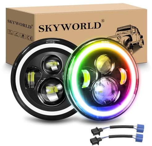 SKYWORLD 2PCS 7 inch LED Headlight, Round LED Projector Headlight with RGB Halo Turn Signal White DRL High/Low Beam 4 LEDs Angle Eyes Compatible with Wrangler JK LJ CJ TJ Motorbike Motorcycle