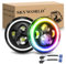 SKYWORLD 2PCS 7 inch LED Headlight, Round LED Projector Headlight with RGB Halo Turn Signal White DRL High/Low Beam 4 LEDs Angle Eyes Compatible with Wrangler JK LJ CJ TJ Motorbike Motorcycle