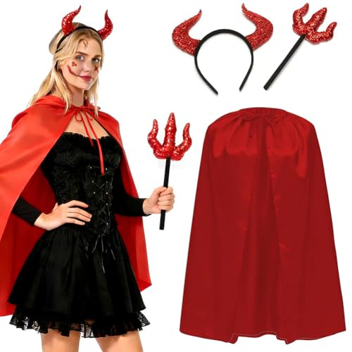 Cape de Diable Rouge pour Femme, Costume de Diable Femme, Tatouages Temporaires pour Visage, Serre-Tête avec Diable Halloween, Costume avec Trident et Col Montant - Ensemble pour Mascarade, Cosplay