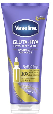 Vaseline Gluta-HYA Sérum Corporal Overnight Radiance. Con Ácido Hialuronico y Colágeno Hidrolizado. Tecnología GlutaGlow. Antioxidante. Revitaliza la piel durante la noche. Rápida absorción, 200ml
