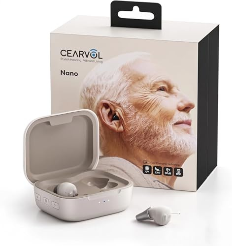 Cearvol Nano Hearing Amplifier for Adults, Discreet ITC Rechargeable Devices with All-in-one Case Control, 54H Battery, No Bluetooth or App Needed (Starlight)