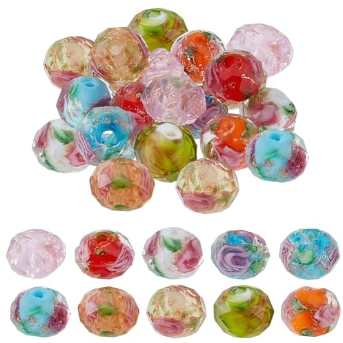 PONABEADIY 1 Caja de 10 Cuentas de Cristal de Murano con Forma de Flor, 300 Colores, con Agujero, Facetadas, Hechas A Mano, Color Dorado, Arena, Floral, Espaciador Suelto de Colores para Hacer Joyas,