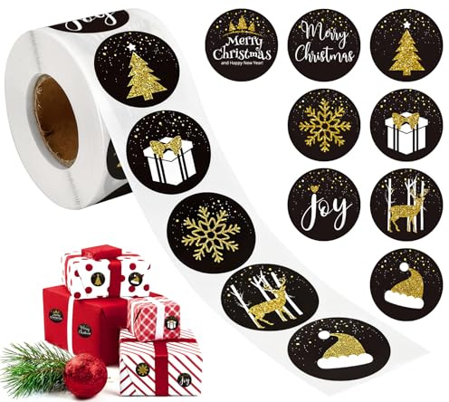 NOCHME 500 Weihnachten Aufkleber Rolle, 8 Festliche Designs 4 Cm Runde Weihnachtssticker Selbstklebend Etiketten Frohe Weihnachtsaufkleber Christmas Sticker Schwarz Und Gold