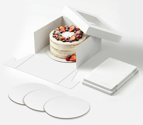 BOPLYBAY 10x10x5 Inch White Cake Boxes with Window, 3 Sets 2-Piece Bakery Boxes with 3mm Thick Cake Boards, Premium Sturdy Dessert Containers for 8-9 Cakes, Pastries and Treat Display