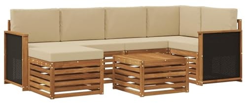 vidaXL Ecksofa Set 6 pcs Natur Massives Akazienholz und Polyester, Outdoorsofa, modernes Ecksofa-Set, Bequeme Gartenlounge, Terrassenplatz zum Entspannen