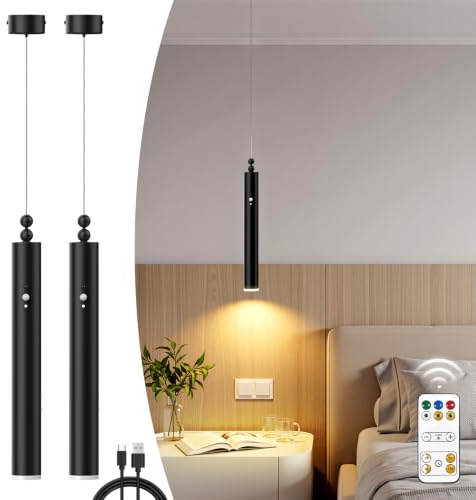 JADIDIS 2er Akku Pendelleuchte LED, Kabellose Hängelampe mit Fernbedienung, Dimmbar mit 3 Lichtfarben, 5000mAh Akku USB-C Wiederaufladbar, Bewegungsmelder & Timer, Schwarz