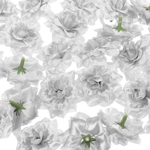 Luoem 50 Stück Rosen Silber Künstliche Rosenköpfe Craft Blumen Seide für Kleidung Album Hochzeit
