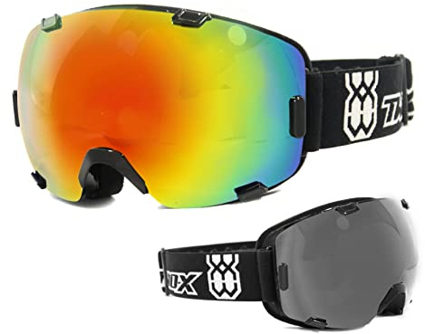 TWO-X AIR Skibrille schwarz verspiegelt iridium Spiegelglas Rahmenlos 100% UV Schutz Antifog getönt Snowboardbrille mit Doppelglas