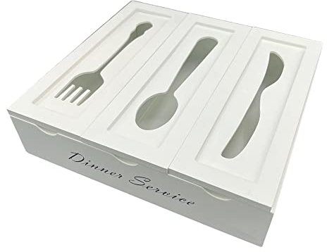 Gicos Portaposate Cucina 3 Scomparti in Legno Bianco Porta Posate da Cassetto Shabby, Metallo, Unica