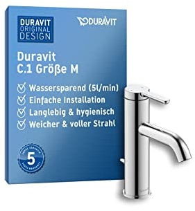 Duravit C.1 Waschtischarmatur, Größe M (Auslauf Höhe 86 mm), Wasserhahn Bad mit Zugstangen-Ablaufgarnitur, Waschbecken Armatur mit Keramikkartusche, Chrom