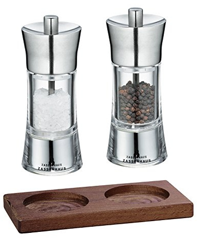 Zassenhaus Set Salzmühle & Pfeffermühle Aachen Acryl/Edelstahl 14 cm & Untersetzer Eiche eckig