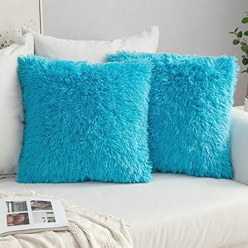 MIULEE Faux Fur Cushion Covers Fluffy Throw Pillow Case Soft Decorative Square Cute Pillow Plush Case For Livingroom Sofa Bedroom 18 x 18 Inch 45 x 45 cm Light Blue Pack of 2