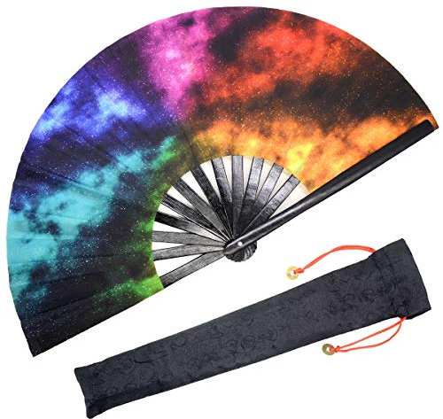 OMyTea Grand éventail Pliable pour Homme/Femme Chinois Japonais Kung Fu Tai Chi avec étui en Tissu pour Spectacle/décoration/Danse/Combat/Cadeau Colorful Nebula