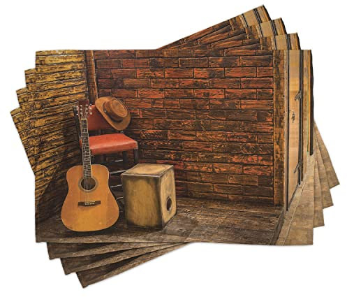 ABAKUHAUS Musik Platzmatten, Musikinstrumente Gitarre und Cajun auf hölzernen Bühne in der Kneipe Gesang Foto, Waschbare Stoff Esszimmer Küche Tischdekorations Digitaldruck, Orange Sand
