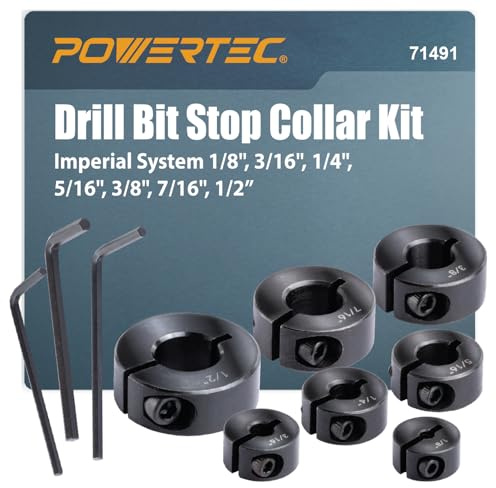 POWERTEC Drill Bit Stop Collar Kit with Imperial System Size Markings - 7 Piece Set Adjustable Depth Stop with Allen Wrench - 1/8, 3/16, 1/4, 5/16, 3/8, 7/16, 1/2” (71491)