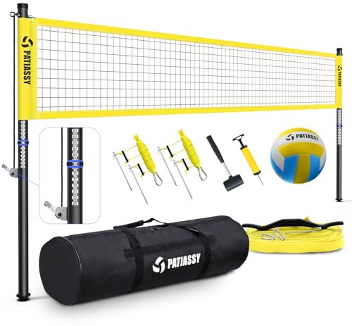 Patiassy Tragbares professionelles Volleyball-Set für Outdoor, Hinterhöfe, höhenverstellbare Aluminiumstangen und Seilwinde für Anti-Schlag, Gelb