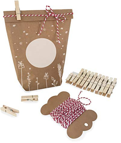 Eine der Guten Adventskalender zum Befüllen, Geschenktüten Set mit 24 Weihnachtsdeko Kraftpapiertüten, Mini-Klammern & Deko-Garn, Adventstüten zum basteln für Kinder & Erwachsene, 14 x 22 cm