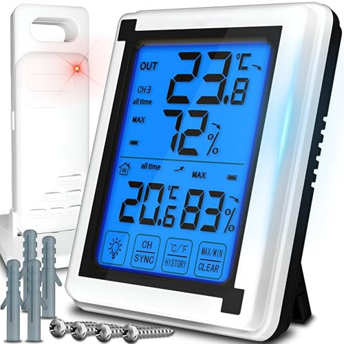 Retoo Wetterstation Funk mit Außensensor Multifunktionale Funkwetterstation mit Digital LCD, Funk Wetterstation mit Sensor, Thermometer, Hygrometer, Barometer, Funkzeitsynchronisation und 60m