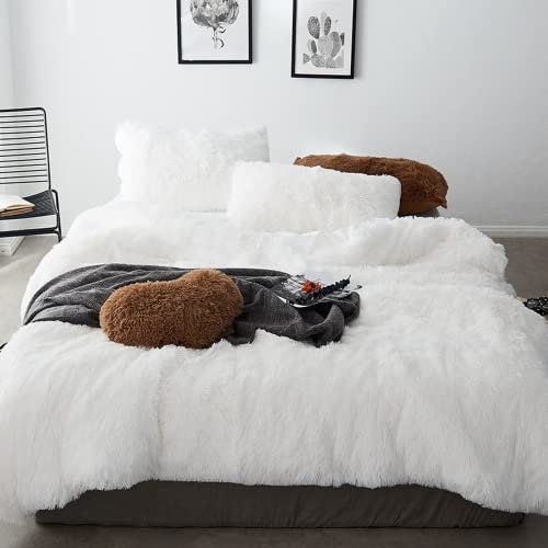 Amacigana Winter Plüsch Bettwäsche Set 135x200 Cashmere Touch Flauschig & Warme Coral Fleece Flanell Mädchen Bettbezug Deckenbezug Mit Reißverschluss Und Kissenbezug 50x75cm (White,135X200)